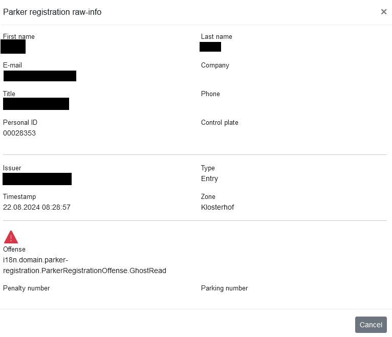 Abbildung 22: Parker registration information raw