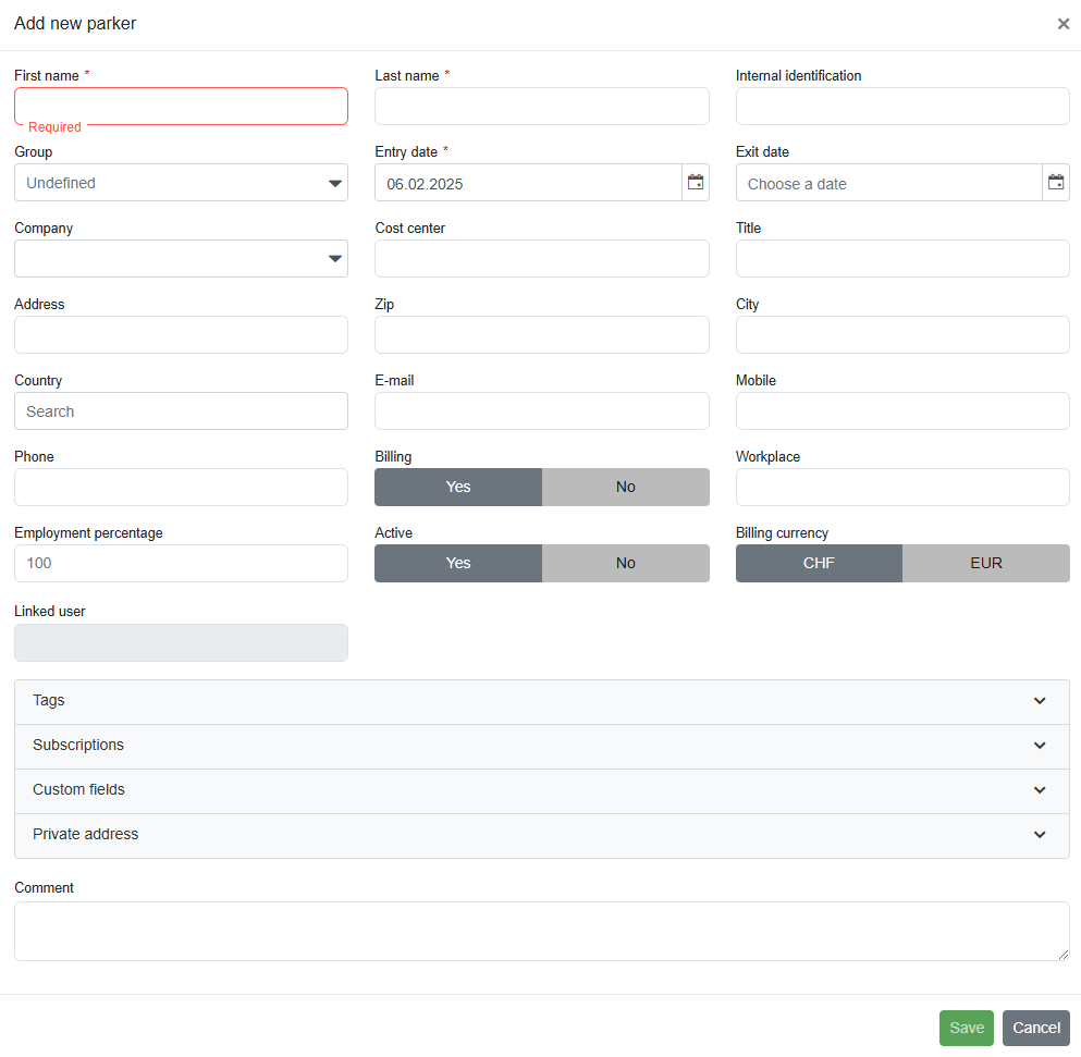 Abbildung 13: Example add/edit parker